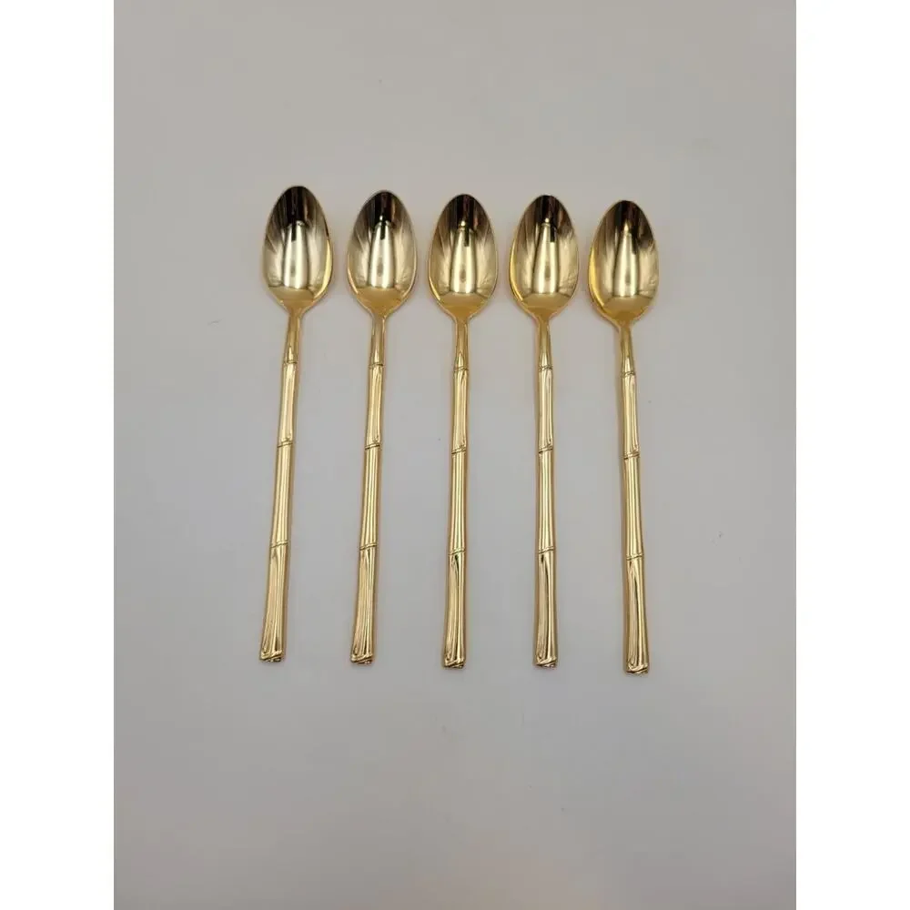 Set 5 National Escapade Iced Tea Spoon Gold Stainless Steel Bamboo Handles JAPAN